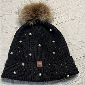 Lucky Brand Black Beanie with Faux Fur Pom Pearls and rhinestones size OS